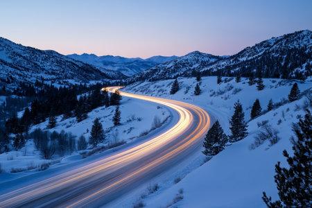 Twilight alpine road long exposure capture of snowy mountains with car light streaks and serenityの写真素材