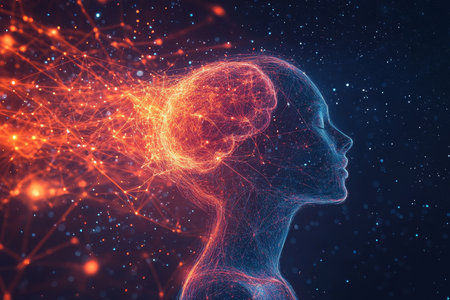 Vibrant human profile illustration showcasing a striking brain and glowing connections of creativityの写真素材