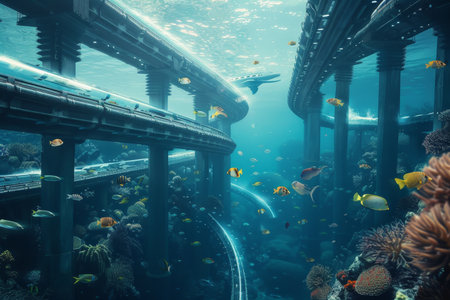 Futuristic underwater highway network advanced transport system beneath the ocean surfaceの写真素材