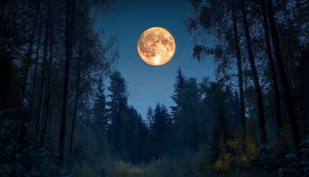 Stunning nighttime capture of a forest illuminated by a full moon amidst dark shadowsの写真素材