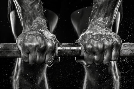 Determined weightlifter s hands on barbell depicting strength in olympic weightlifting sportの写真素材