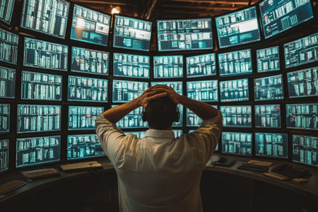 Stressed stock trader analyzing market data on multiple computer screens in a trading roomの写真素材