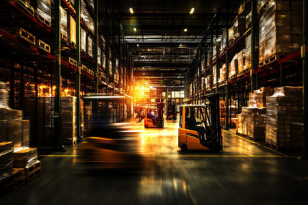 Vibrant warehouse activity workers and forklifts in motion amidst high shelves and bright lights