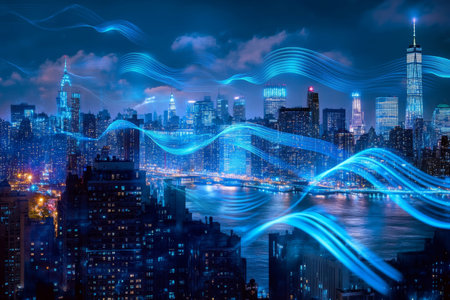 Smart city skyline at night with digital blue wires and antennas in a double exposure view