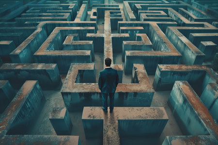Businessman solving problems in maze, finding solutions, concept of decision makingの写真素材