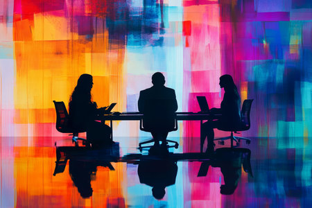 Silhouettes of three people in a dynamic meeting with abstract shapes and vibrant colorsの写真素材