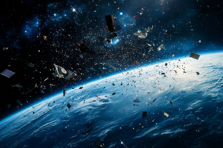 Capturing the challenge of space pollution a photo of debris orbiting our planetの写真素材