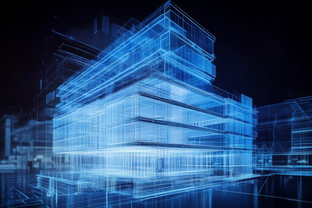 Digital blueprint of an innovative office building featuring holographic elements and ai technologyの写真素材