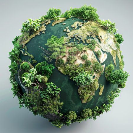 Globe adorned with lush greenery, a symbol of environmental harmony and conservationの写真素材