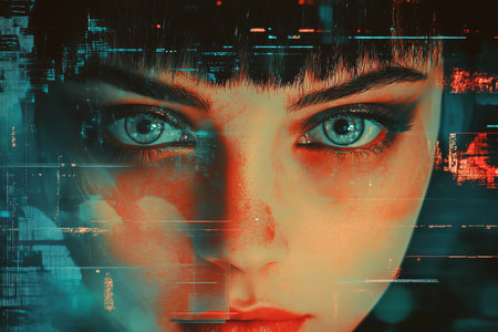Retro futuristic mixed media collage poster featuring 80s and 90s cyberpunk aesthetic designの写真素材