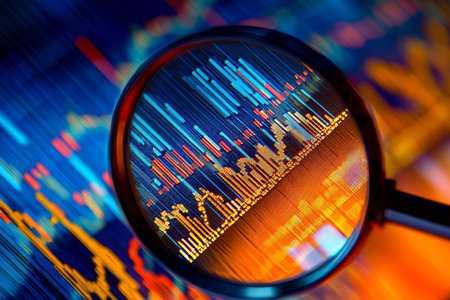 Magnifying glass over upward trending stock market graph on blue and orange abstract backgroundの写真素材