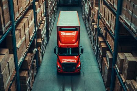 Vibrant red truck navigating a warehouse filled with stacked boxes symbolizing logisticsの写真素材