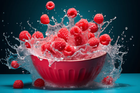 Fresh raspberries falling into a bowl with water splash on blue backgroundの写真素材