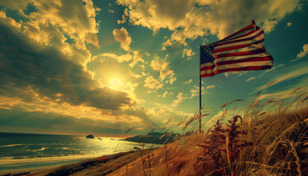 Elegantly beautiful american flag waving gracefully on a wonderful sunny and picturesque dayの写真素材