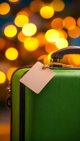 Close up of green suitcase with blank tags against vibrant background lights for travel inspirationの写真素材