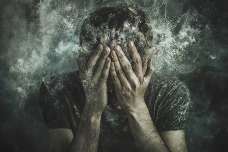 Conceptual image representing the struggles of mental health, symbolizing despair and challenges.の写真素材