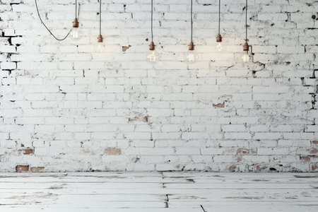 Aesthetic white brick wall with cracked paint and hanging light bulbs against a blank floorの写真素材