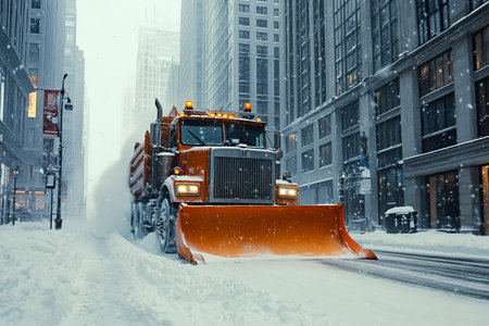 Orange snow plow truck clearing city streets during winter blizzard for public service efficiencyの写真素材