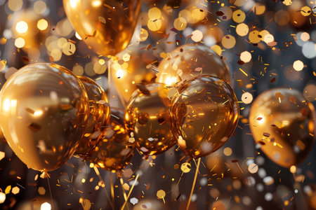 Golden balloons and confetti for 2025 new year celebration in joyous festive atmosphereの写真素材