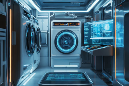 Futuristic laundry room featuring advanced washing machine and holographic control interfacesの写真素材