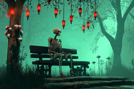 Skeletal figures gather on a wooden bench in a spooky forest with eerie candles and green backdrop