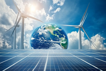 Wind turbines and solar panels with earth a vision for renewable energy and sustainabilityの写真素材