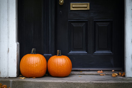 Halloween scene featuring black and orange pumpkins decorated at a doorstep entrance
