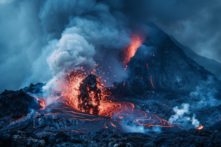 High quality photo of active volcano with billowing smoke and molten red lava in eruptionの写真素材