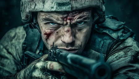 Wounded soldier holding a machine gun a raw portrait capturing courage amidst conflict