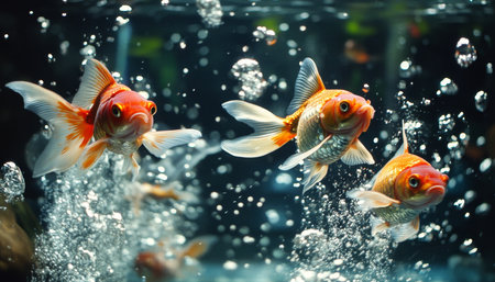 Captivating image of a vibrant goldfish swimming gracefully in a clear aquarium environmentの写真素材