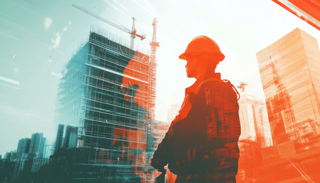 Double exposure of construction engineers with modern technology in future building projectsの写真素材