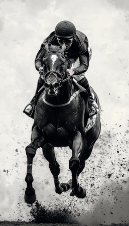 Exciting horse racing event captured as competitors charge towards the finish lineの写真素材