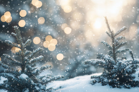 Enchanting winter wonderland snow covered fir trees and bokeh lights for holiday greetingsの写真素材
