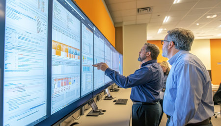 Managers assessing transportation management systems software on large displays in office meeting