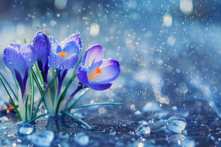 Blue crocuses and raindrop traces on sunny spring day, creating a captivating imageの写真素材
