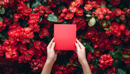 Hands present a blank red Chinese envelope amidst blooming flowers for new year good fortune and joyの写真素材