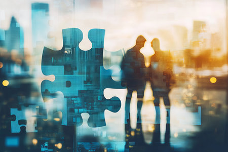 Business professionals connecting puzzle pieces in modern office teamwork and partnershipの写真素材