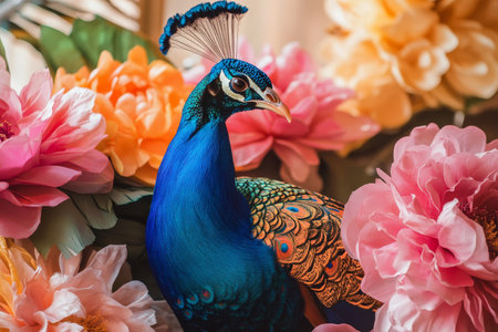 A vibrant peacock perched elegantly amongst decorative flowers in a tranquil indoor environmentの写真素材
