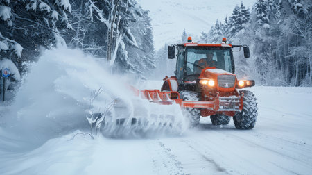Effective snow blower vehicle clears heavy snowfall, ensuring efficient winter road maintenanceの写真素材