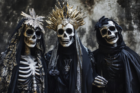 Haunting skeleton figures in dark attire with intricate masks for Halloween and dramatic art themesの写真素材
