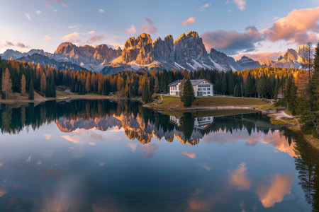 Aerial view of lago antorno, dolomites, italy alps landscapeの写真素材