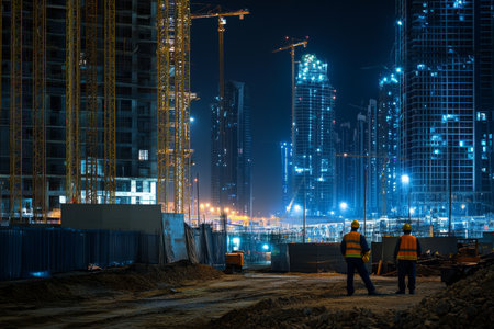 Laborers engaged in construction activities at a modern site in dubai reflecting urban developmentの写真素材