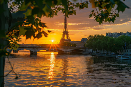 Iconic parisian landmark eiffel tower and seine river at sunset in high quality imageの写真素材