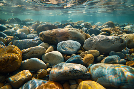 Textured background smooth river rocks and light reflections underwater in a sunny riverbed