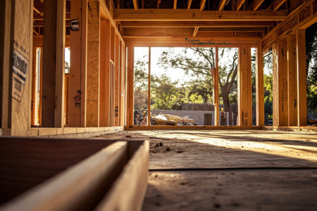 Captivating image of ongoing house construction showcase with workers and materialsの写真素材