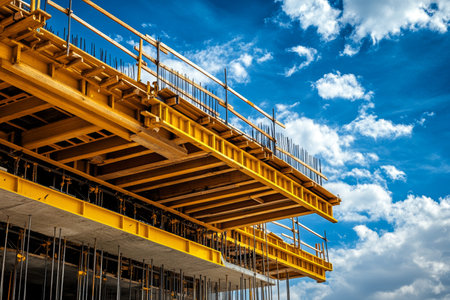 Modern bridge construction featuring steel frames and yellow formwork beneath a bright blue sky