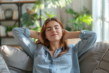 Tranquil young woman relaxing on sofa in modern living room, embracing serenity and wellbeingのeditorial素材