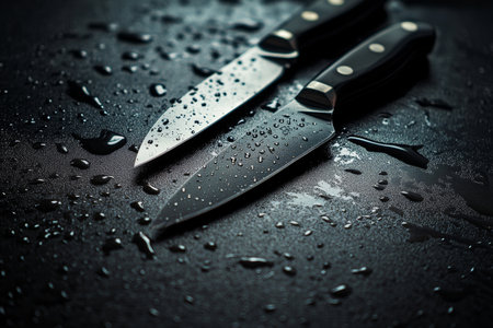 Knife on table with another knife s blade exposed, resting on a wet surface with water dropsの写真素材