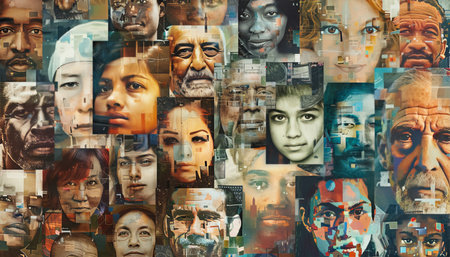 Diverse human faces collage showcasing variety in ages, genders, and ethnicitiesの写真素材