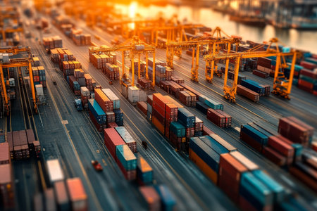 Freight forwarding activities at a busy port supporting state trade and export programsの写真素材
